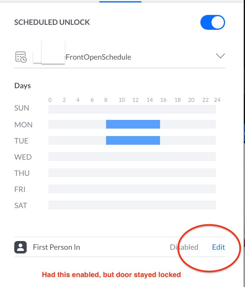 Door Access First In Policy Not Working With Scheduled Unlock Ubiquiti Community