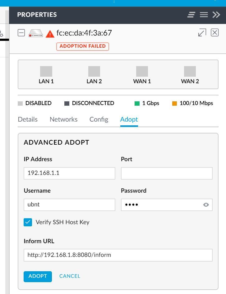 Unifi adoption failed