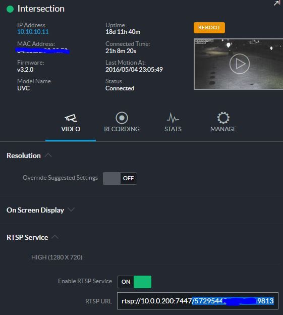 Unifi NVR RTSP Configuration 